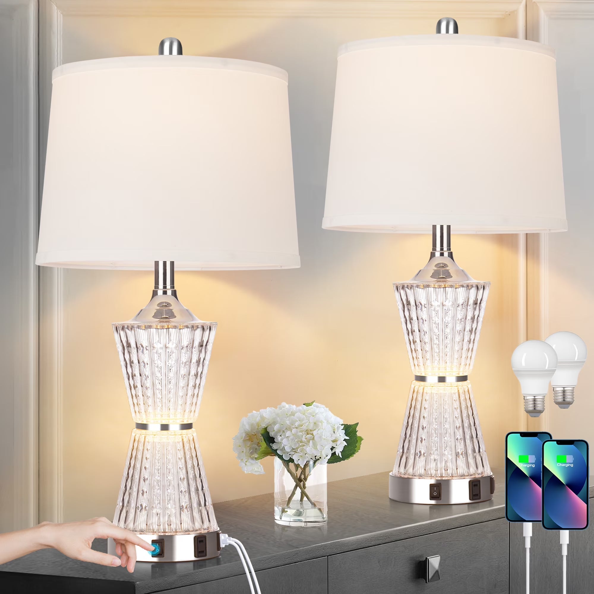 Acrylic Table Lamps Set of 2 with Night Light USB Ports AC Outlet Modern Nightstand Lamp for Living Room Bedroom(2 Bulbs)