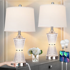 Acrylic Table Lamps Set of 2 with Night Light USB Ports AC Outlet Modern Nightstand Lamp for Living Room Bedroom(2 Bulbs)