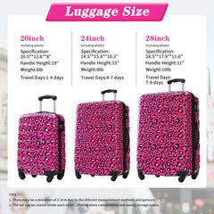 3-Piece Hot Pink Leopard Hard-shell Spinner Luggage Set with TSA Lock, Lightweight Rolling Suitcases, 20/24/28 Inch