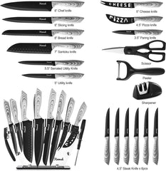 19 Pieces Kitchen Knife Set, 15 Stainless Steel Knives with Wood Texture Handle, Acrylic Stand, Scissors, Peeler and Knife Sharpener
