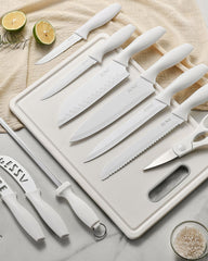 Knife Block Set, 19 PCS White Kitchen Knife Set with Acrylic Block and Sharpener, German High-Carbon Stainless Steel Knife Sets with 6 Serrated Steak Knives, Chef Knife, Dishwasher Safe