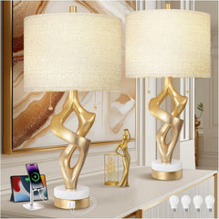 Sculptural Table Lamp Set of 2 with USB Ports for Bedroom Living Room, 26” Gold Leaf Marble Base Bedside Lamps, Pull Chains Switch Modern Nightstand Lamp for Home Room Decor (Bulbs Included)