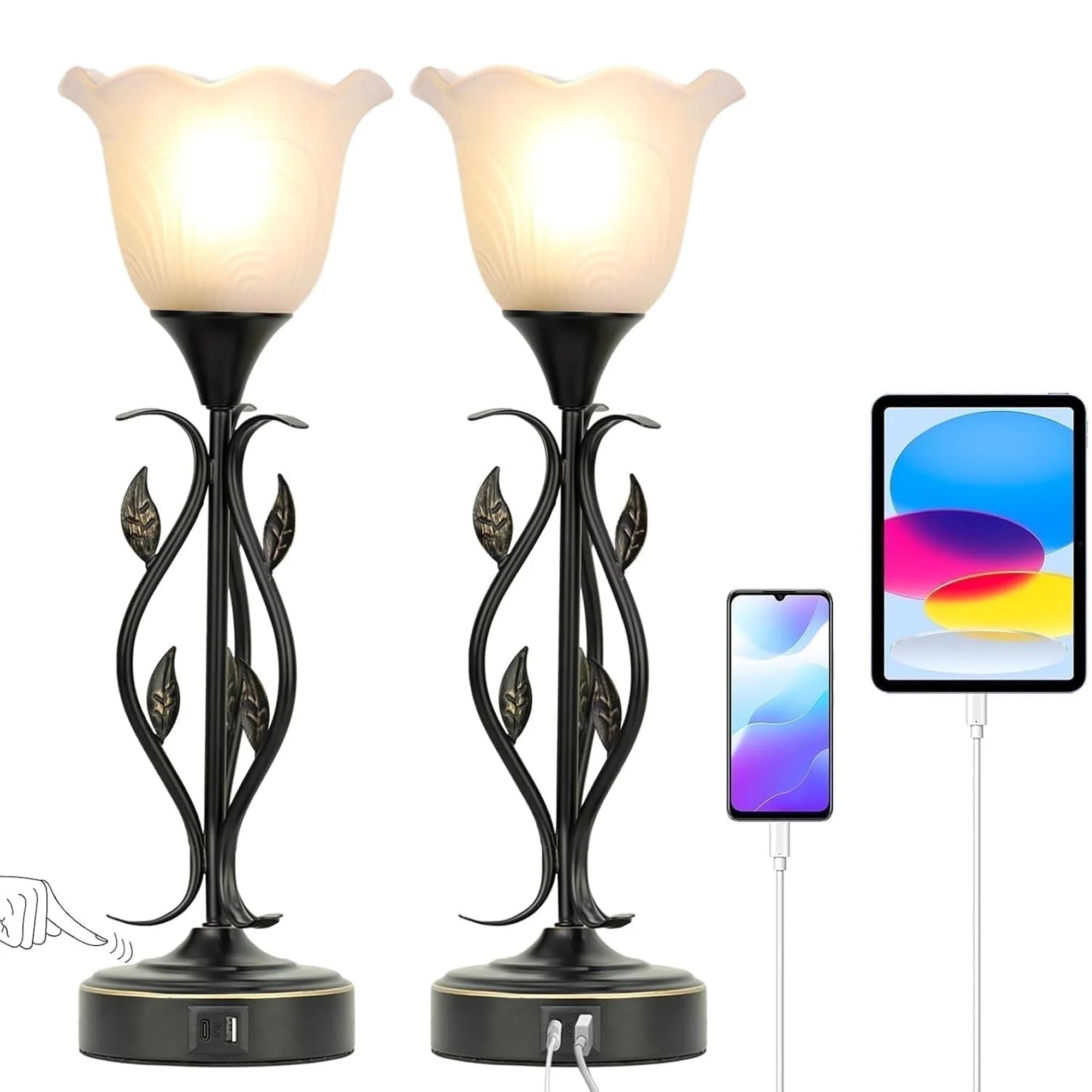 Touch Bedside Lamps Set of 2 with USB, 3-Way Dimmable Rustic Table Lamps