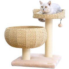 23” High Handwoven Recycled Paper Rope Cat Basket Bed & Perch with Sisal Scratching Post, Teaser Toy & Washable Cushion – Beige