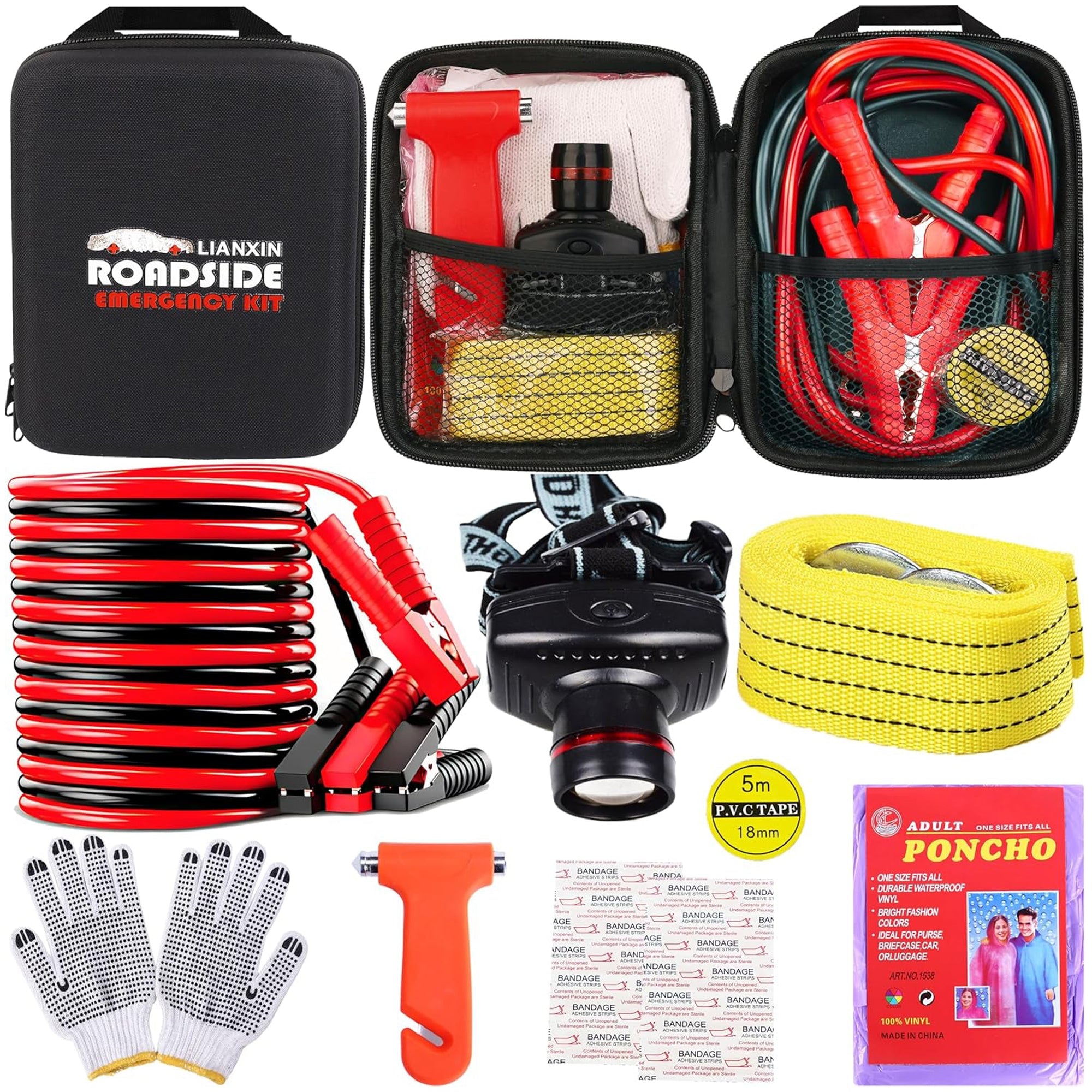 All-in-One Car Roadside Emergency Kit – Jumper Cables, Tow Straps, Headlamp, Safety Hammer, Rainwear & Gloves – Black