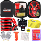 All-in-One Car Roadside Emergency Kit – Jumper Cables, Tow Straps, Headlamp, Safety Hammer, Rainwear & Gloves – Black