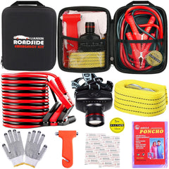All-in-One Car Roadside Emergency Kit – Jumper Cables, Tow Straps, Headlamp, Safety Hammer, Rainwear & Gloves – Black