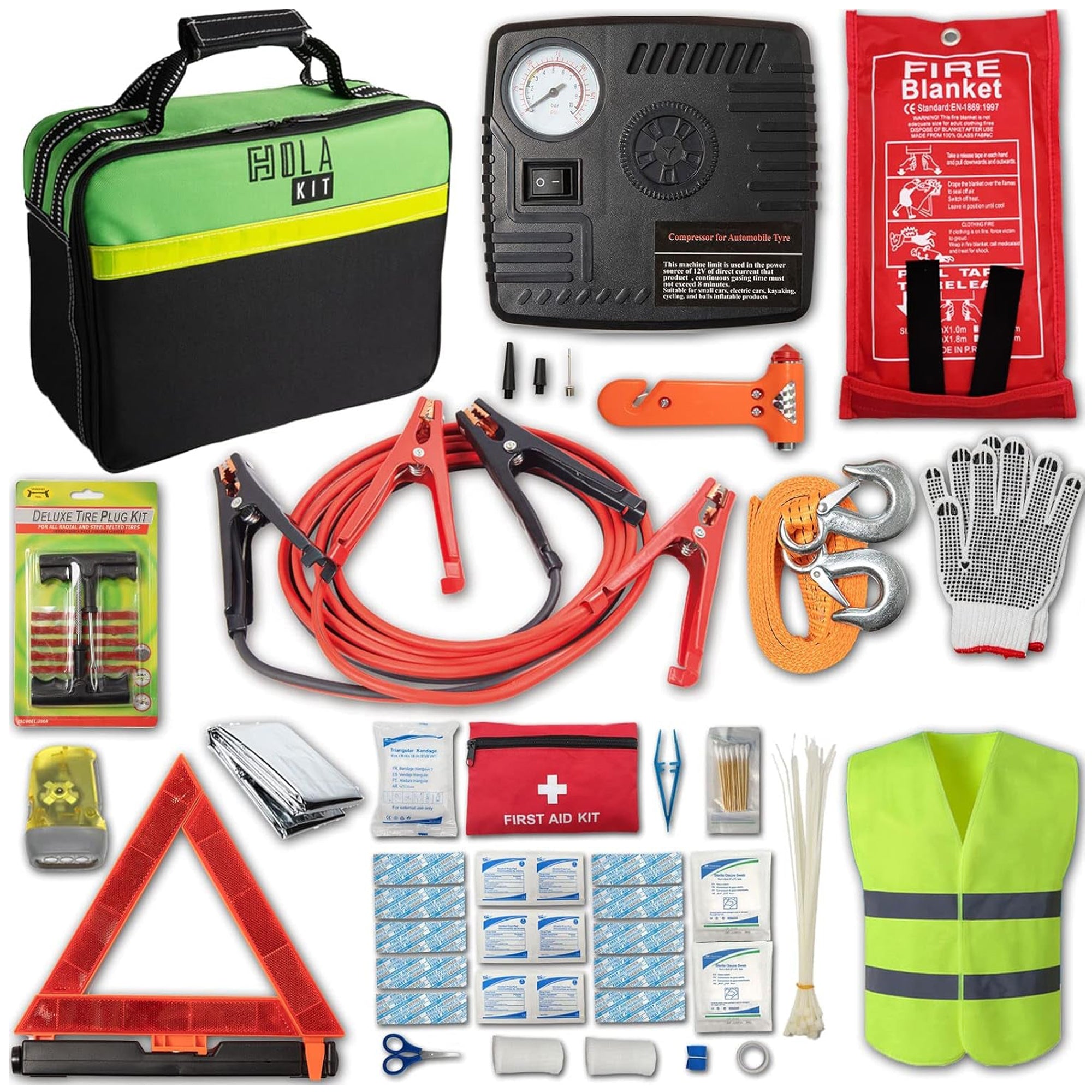 78-Piece Car Emergency Kit – Complete Roadside Safety with Jumper Cables, Air Pump, Tow Straps & First Aid Tools