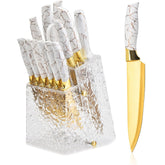 14PCS Kitchen Knife Set with Block – Ultra-Sharp Titanium Coated Stainless Steel Non-Stick Knives, Chef, Bread, Steak Knives with Scissors & Sharpener