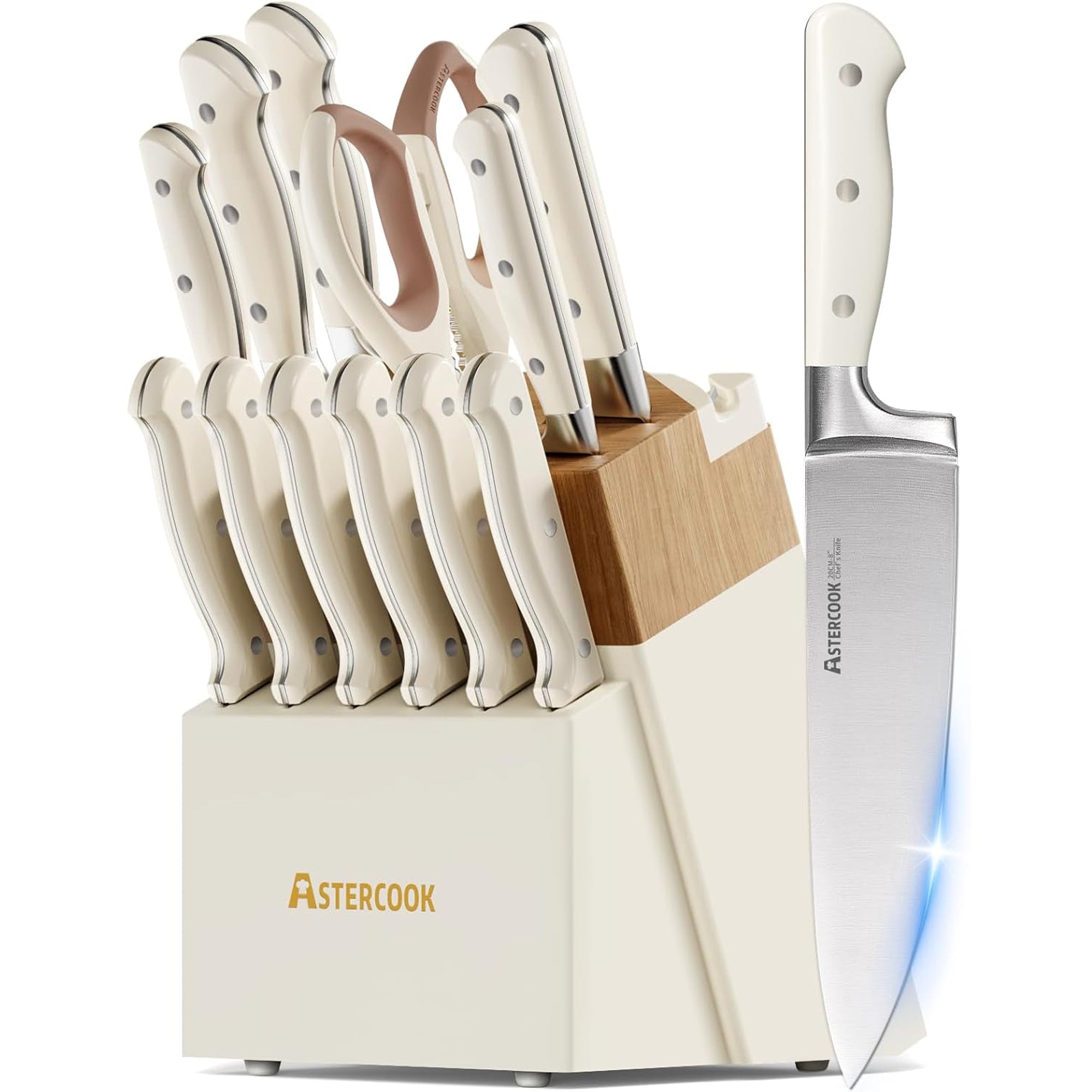 4-Piece Kitchen Knife Set with Block & Sharpener – Stainless Steel, Dishwasher Safe, Cream White
