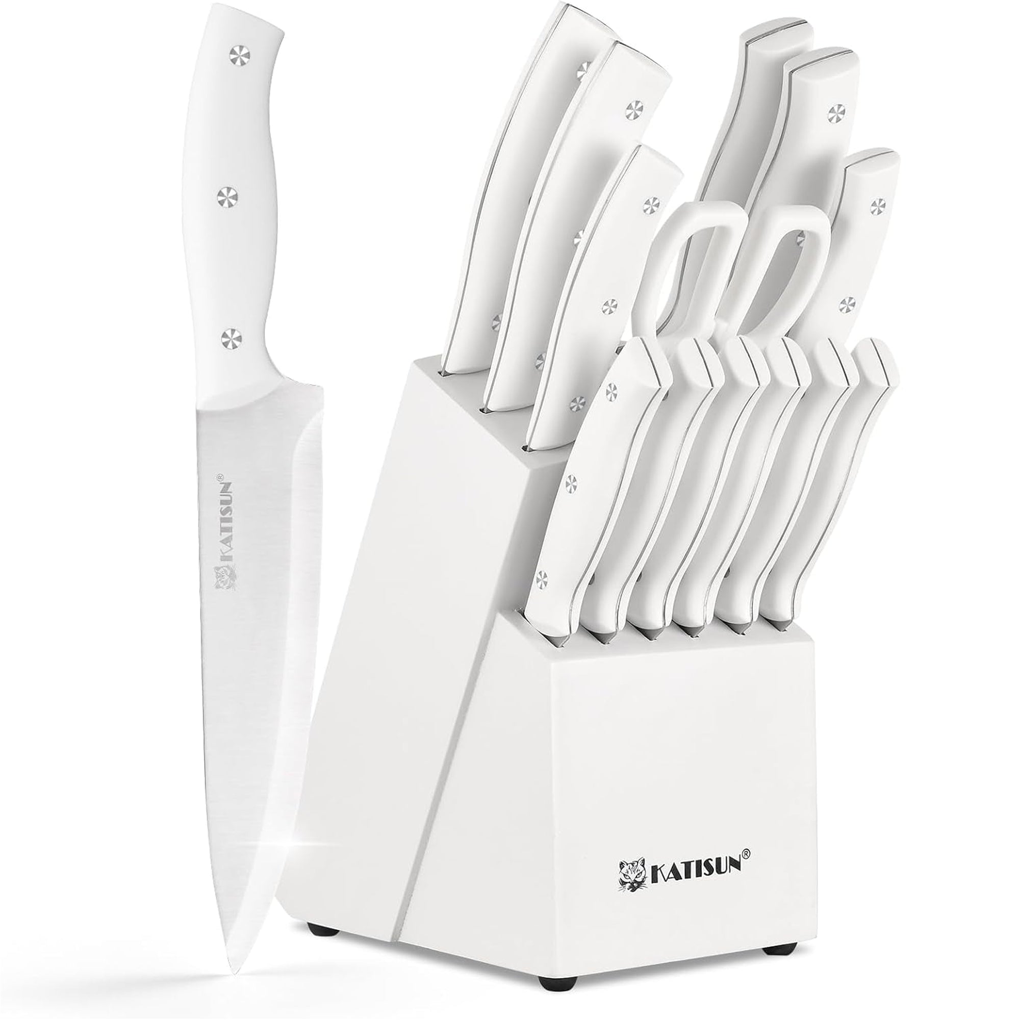 15-Piece White Kitchen Knife Set with Built-In Sharpening Stone, Ergonomic Triple Rivet Fixed Handles, Dishwasher Safe