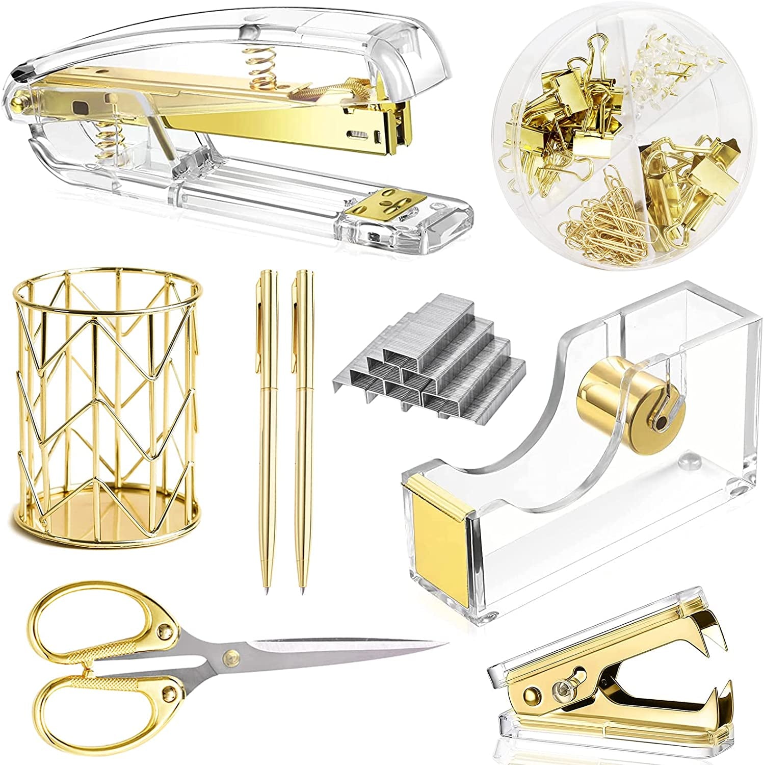 Gold Desk Accessories,Office Supplies Set Acrylic Stapler Set Staple Remover, Tape/Pen Holder, 2 Ballpoint Pen, Scissor, Binder/Paper Clips and 1000Pcs Staples.