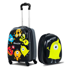 Kids Luggage Set with Wheels – 16" Toddler Rolling Suitcase & 12" Backpack, Lightweight ABS Hard-shell Carry-On for Boys & Girls, Black Monster
