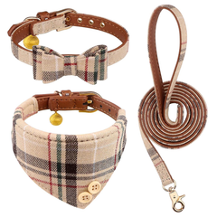 3 PCS Dog Collars for Small Puppy Collar and Leash Set, Bow Tie with Bell, Bandana Leather for Small Dogs Puppies and Cats(Beige)