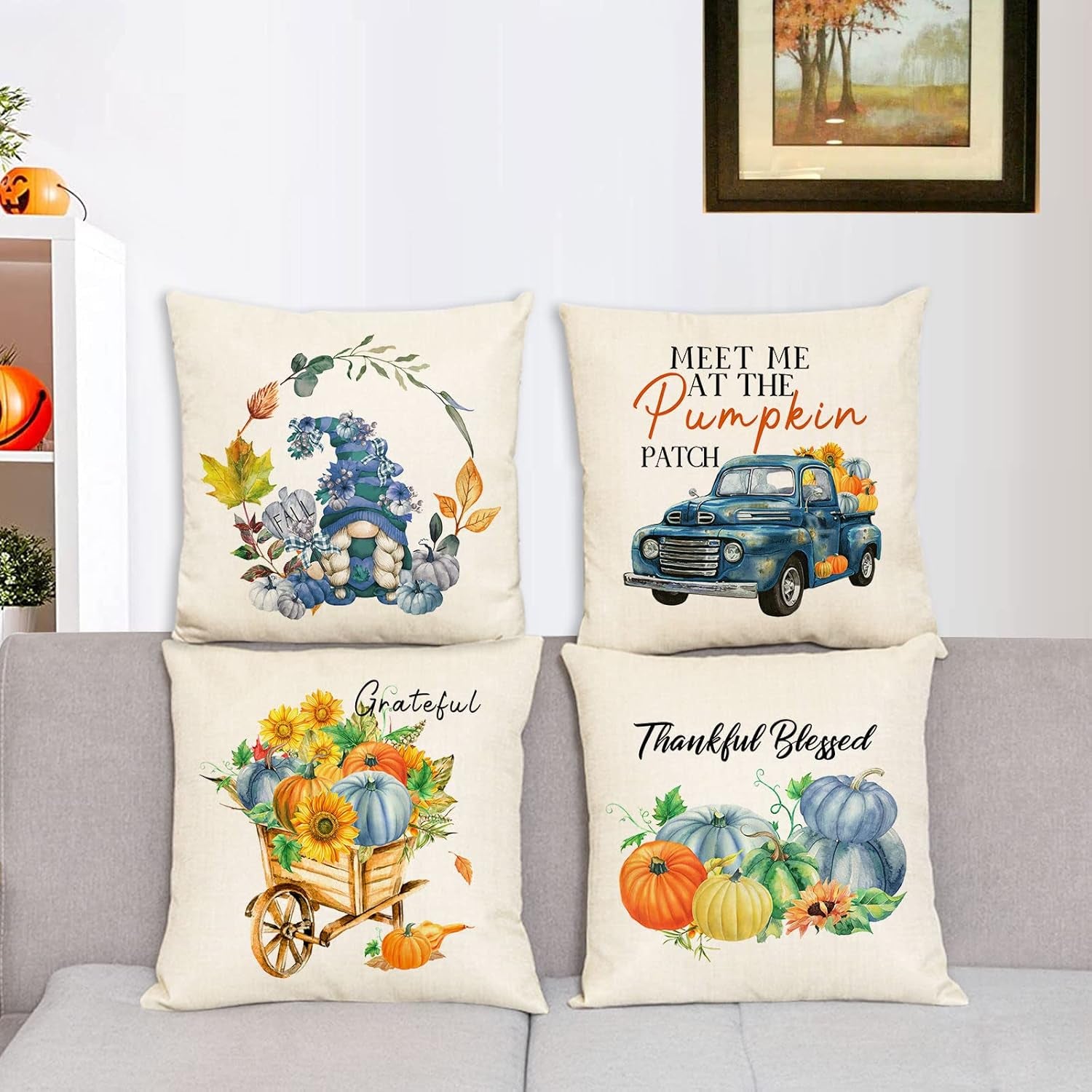 Fall Pillow Covers 16X16 Set of 4 Thanksgiving Autumn Decorative Pillow Covers Blue Fall Pumpkin Gnome Truck Cushion Covers Pillow Cases for Home Outdoor Couch Sofa Decorations (16 Inch)