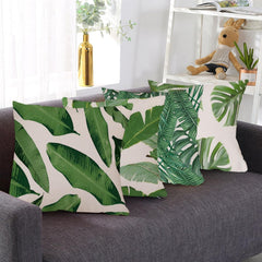 Pack of 4 Green Tropical Leaves Throw Pillow Cover Summer Palm Tree Leaf Outdoor Decorative Linen Square Cushion Cover with Hidden Zipper for Sofa Bed Couch Car Living Room Decor 18X18 Inch