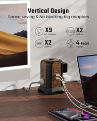 Tower Surge Protector – 9 Outlets, 4 USB (2 USB-C), 10 Ft Cord, 1080 J, Grounded, Brown