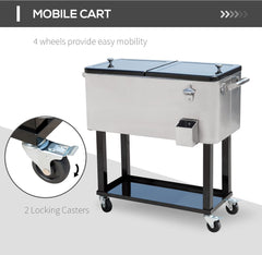 80 QT Rolling Cooling Bins Ice Chest on Wheels Outdoor Stand up Drink Cooler Cart for Party, Silver