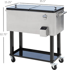 80 QT Rolling Cooling Bins Ice Chest on Wheels Outdoor Stand up Drink Cooler Cart for Party, Silver