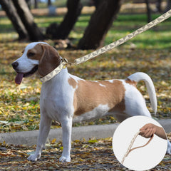 Dog Leather Collar and 4 Ft Leash, Adjustable Basic Collar with Bell Leather Pet Leash Set, Checkered Pattern Durable Leather Collar and Leash with Metal Buckle for Small Medium Large Dogs