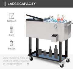 80 QT Rolling Cooling Bins Ice Chest on Wheels Outdoor Stand up Drink Cooler Cart for Party, Silver