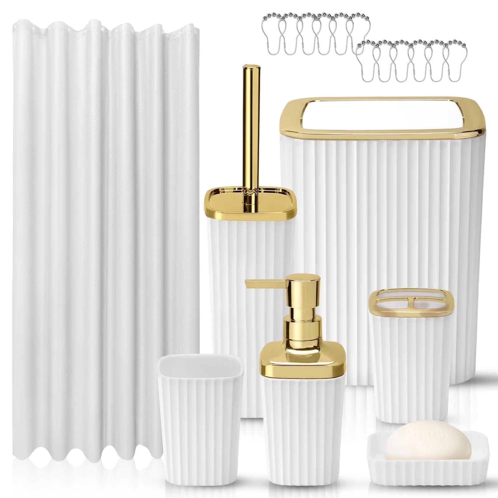 19 Pcs White Bathroom Accessories Sets with Shower Curtain, Specially Designed for Small Spaces