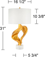 Hera Modern Glam Luxury Table Lamp Decor 31" Tall Sculptural Gold Leaf White Fabric Drum Shade Marble Base for Living Room Bedroom House Bedside Nightstand Home Office Entryway