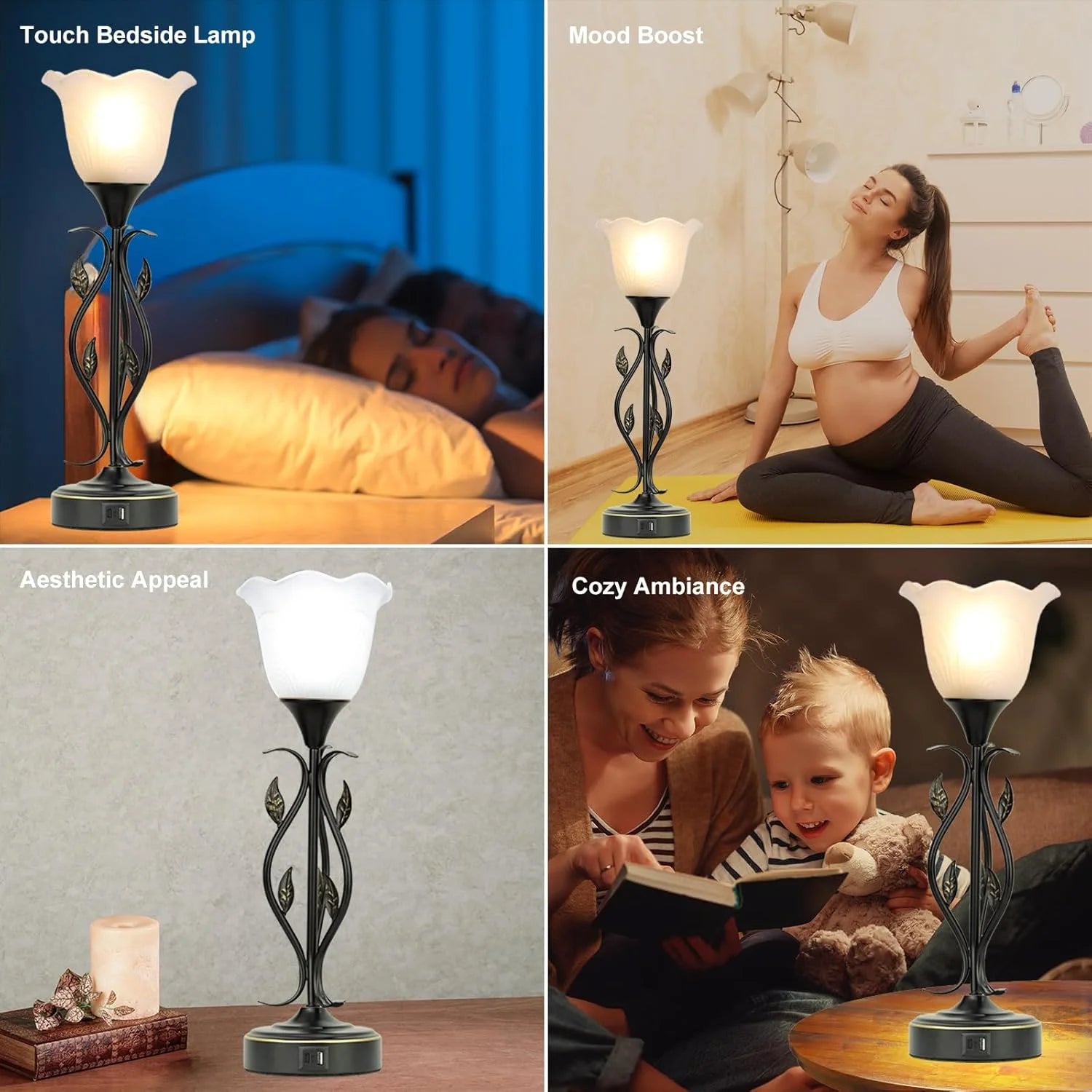 Table Lamp,Bedside Lamps Set of 2, Table Lamp with USB Port 3 Way Dimmable Touch Lamp Torchiere Nightstand Lamps with Rustic Vines Leaf and Glass Flower Shade Lamp for Bedroom, Living Room, Office