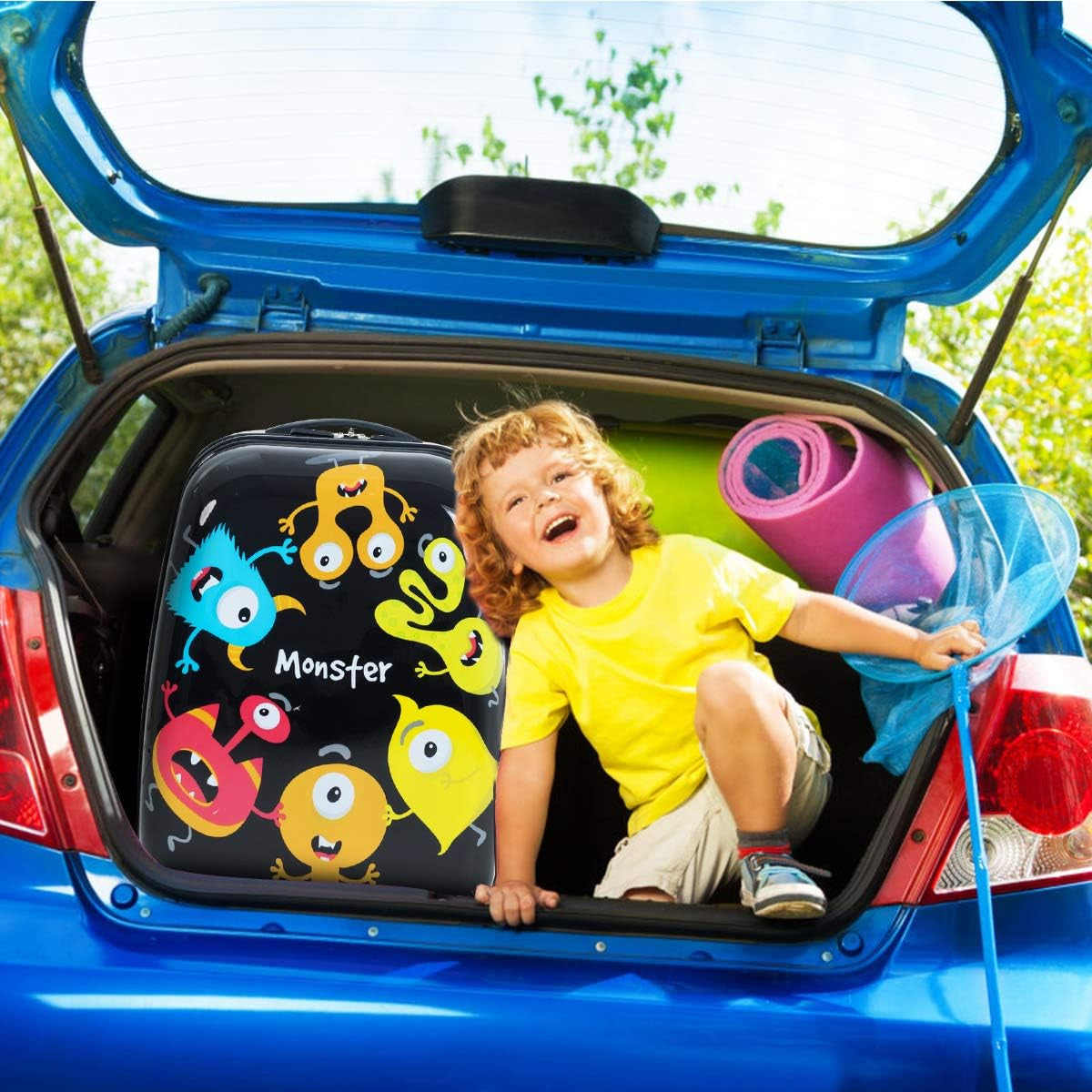 Kids Luggage, 12" Toddler Backpack & 16" Travel Suitcase with Wheels, Lightweight Toddler Girls Suitcase, Durable ABS Hardshell, 2Pcs Carry on Luggage Set for Boys Girls, Black Monster