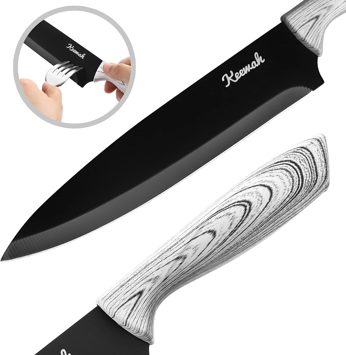 19 Pieces Kitchen Knife Set, 15 Stainless Steel Knives with Wood Texture Handle, Acrylic Stand, Scissors, Peeler and Knife Sharpener