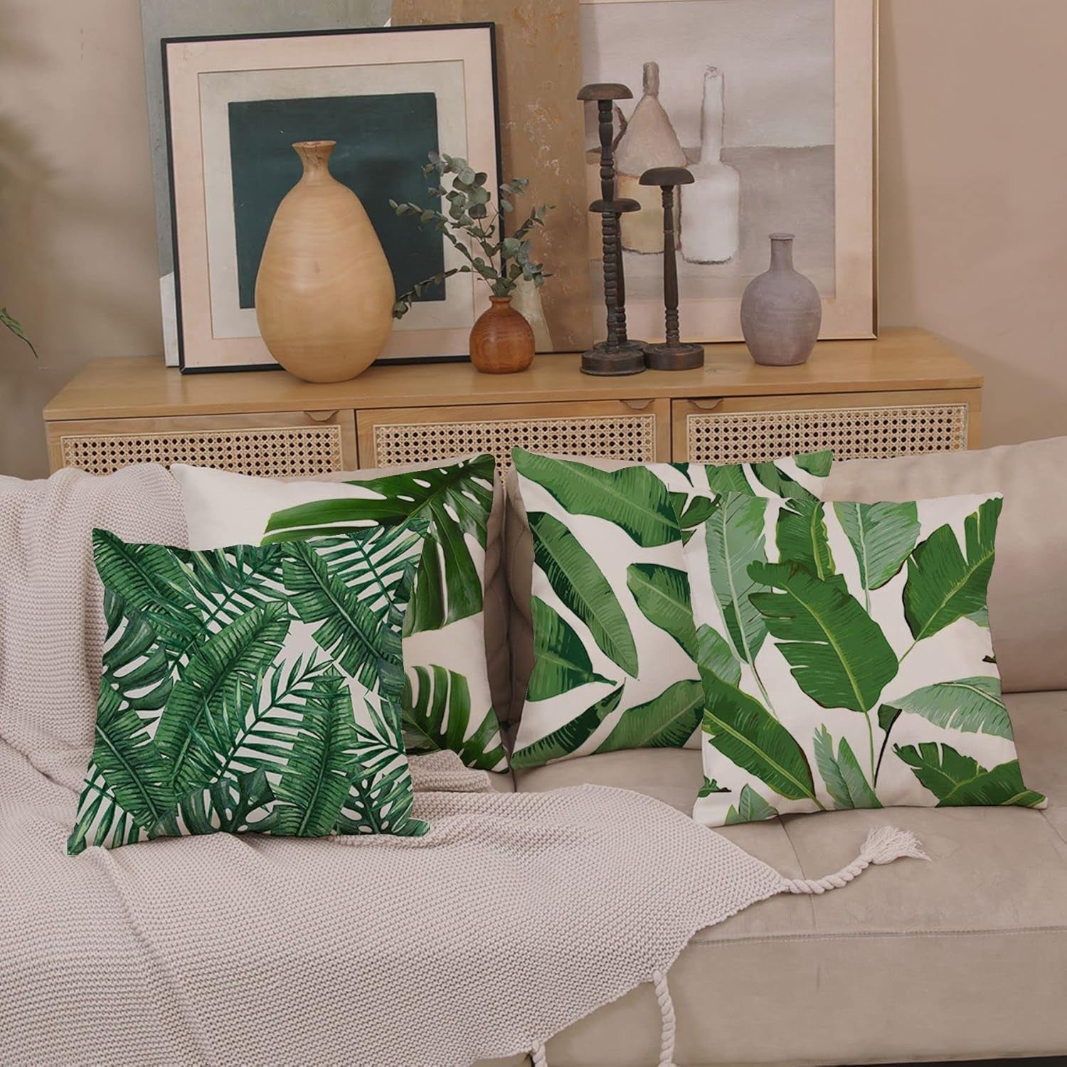 Pack of 4 Green Tropical Leaves Throw Pillow Cover Summer Palm Tree Leaf Outdoor Decorative Linen Square Cushion Cover with Hidden Zipper for Sofa Bed Couch Car Living Room Decor 18X18 Inch