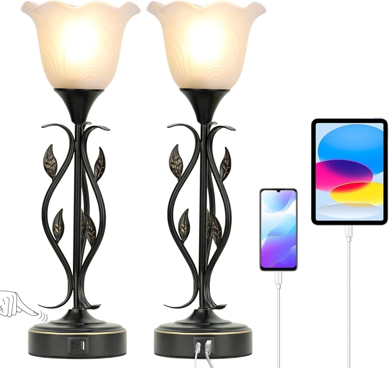 Table Lamp,Bedside Lamps Set of 2, Table Lamp with USB Port 3 Way Dimmable Touch Lamp Torchiere Nightstand Lamps with Rustic Vines Leaf and Glass Flower Shade Lamp for Bedroom, Living Room, Office