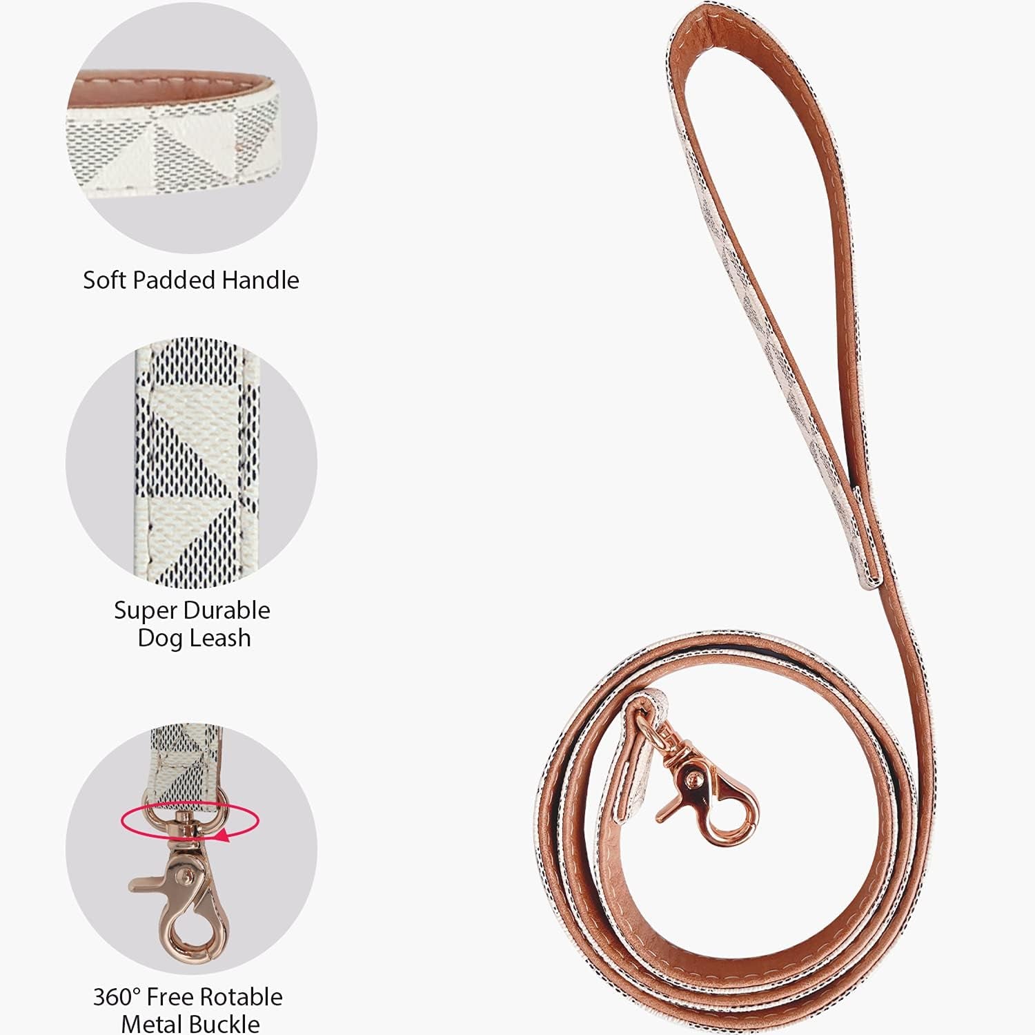 Dog Leather Collar and 4 Ft Leash,  Adjustable Basic Collar with Bell Leather Pet Leash Set, Checkered Pattern Durable Leather Collar and Leash with Metal Buckle for Small Medium Large Dogs