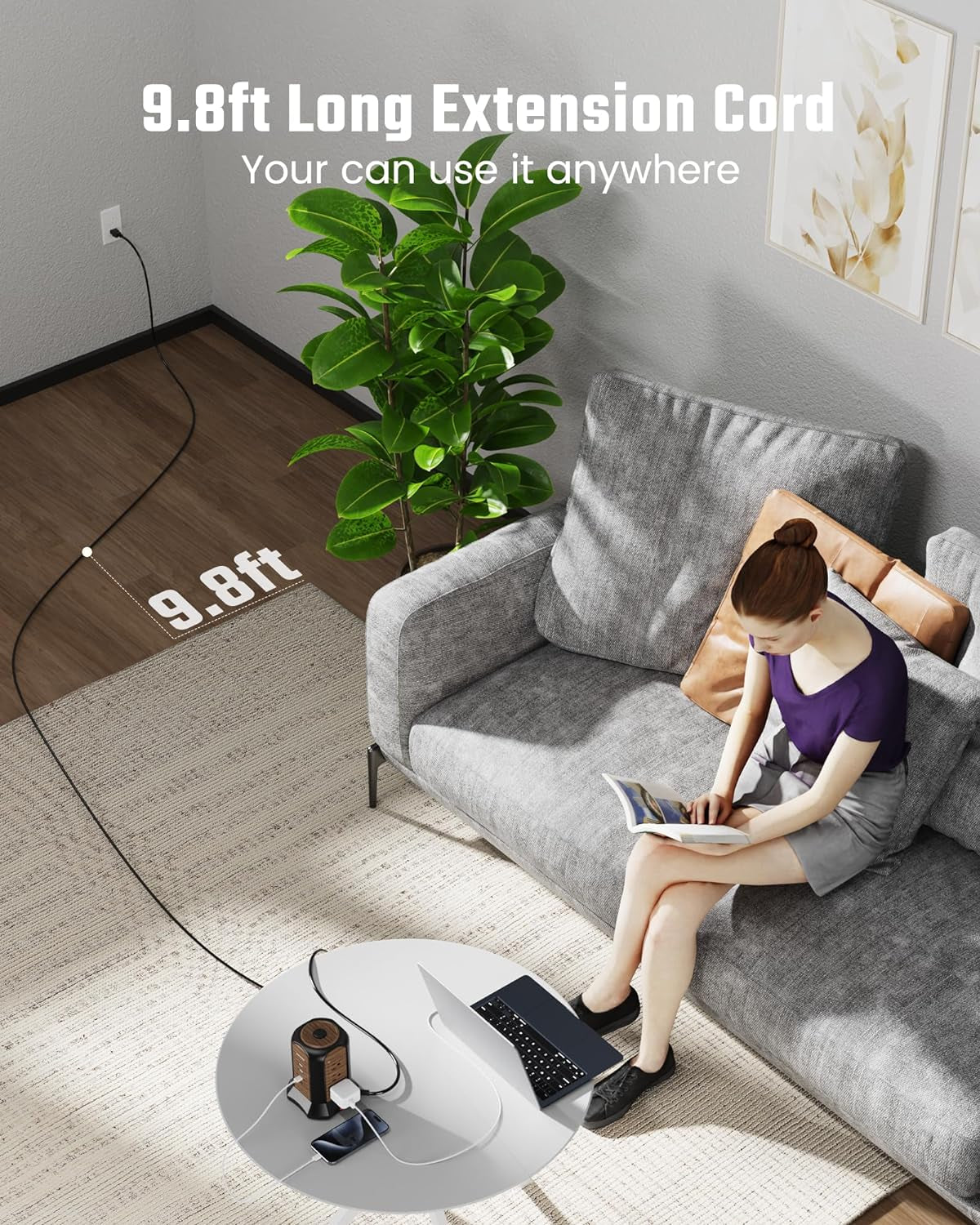 Tower Surge Protector – 9 Outlets, 4 USB (2 USB-C), 10 Ft Cord, 1080 J, Grounded, Brown