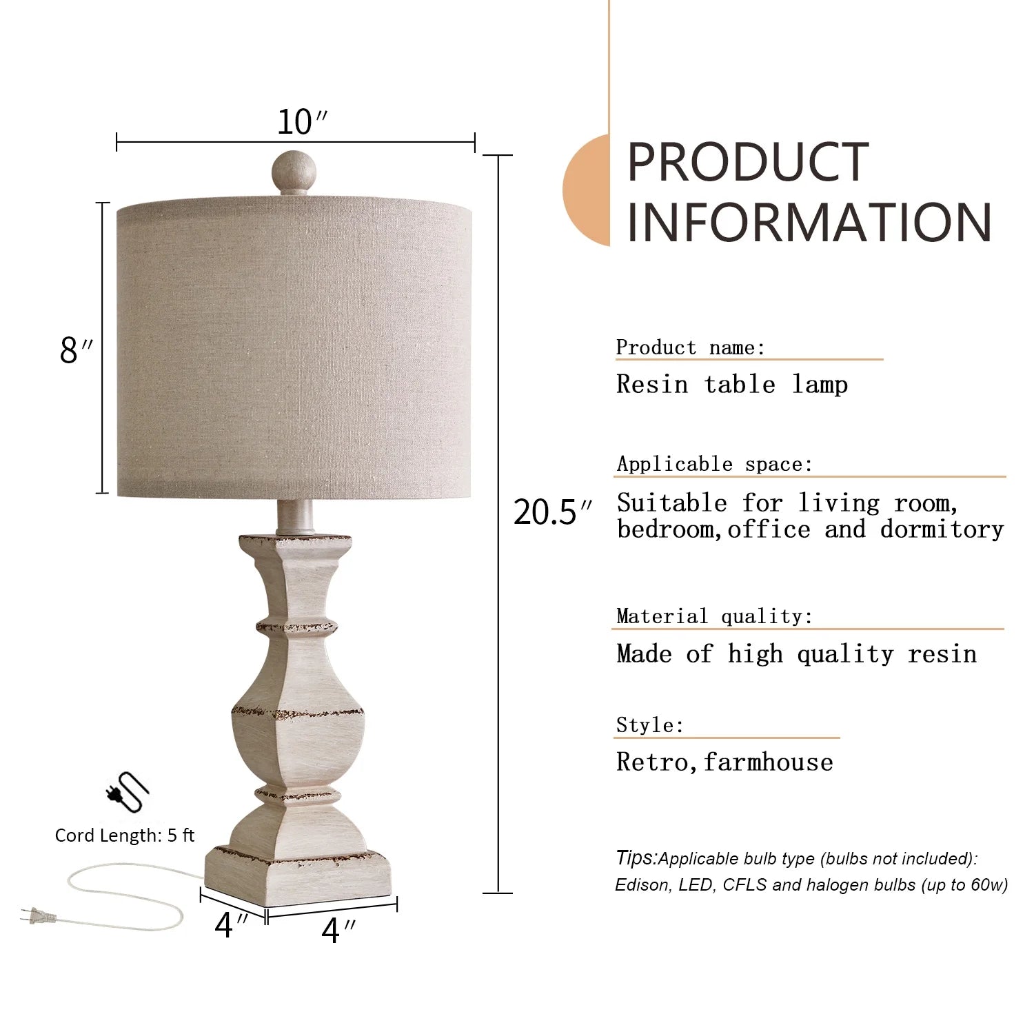 20.5" Retro Table Lamp Set of 2 Bedside Lamps for Living Room Bedroom Traditional Nightstands Lamps Resin