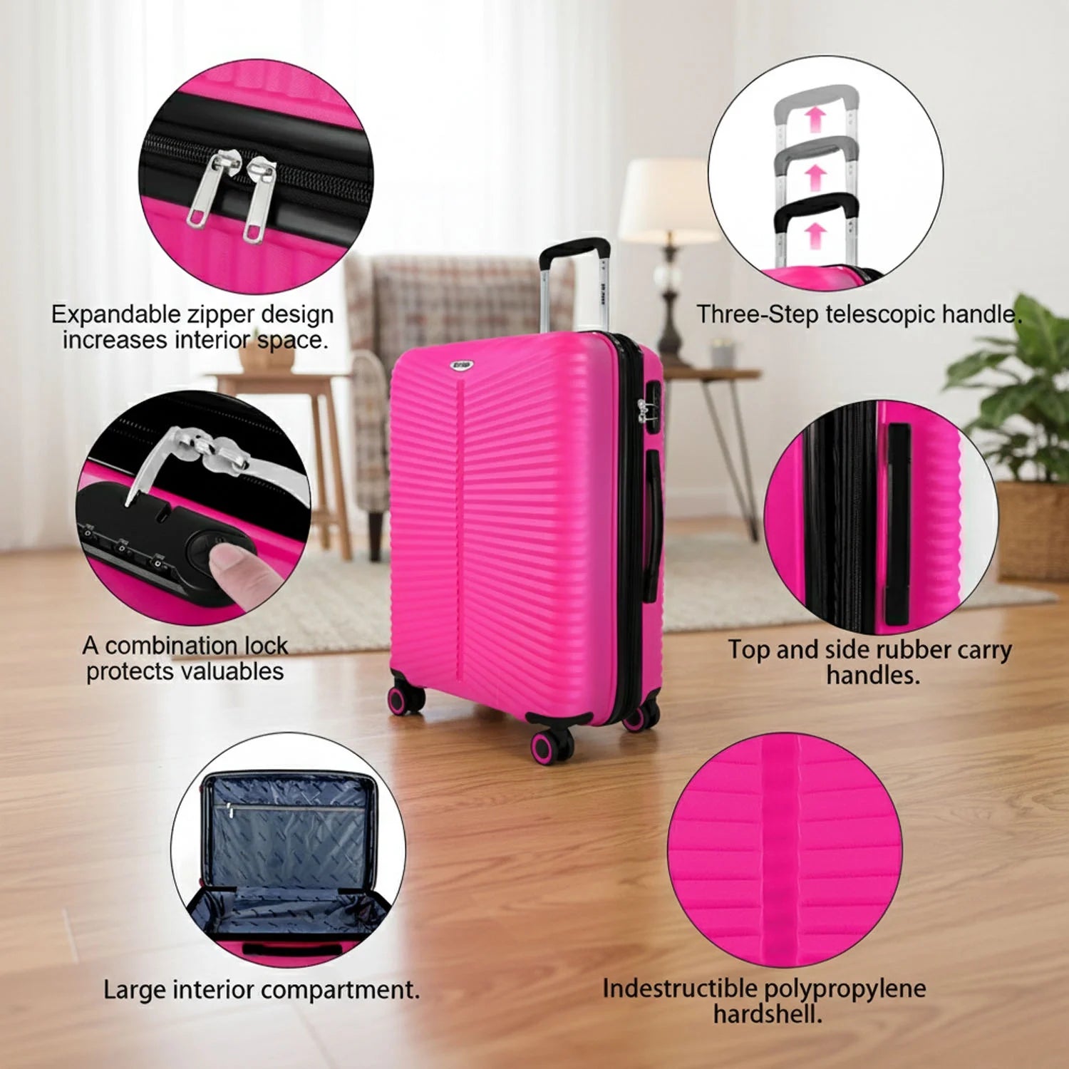 3 Piece Hardside Luggage Set Expandable Suitcase with Spinner Wheels,Lightweight Hardshell Suitcase Set 20In24In28In, Pink, SQ249