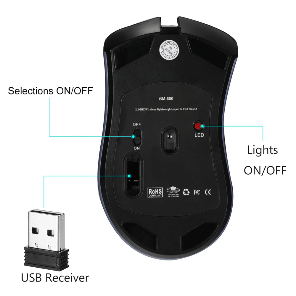 Ultralight Rechargeable Optical Cordless Gaming Mouse, RGB Backlit - 2.4G Wireless, Ergonomic - for PC & Mac
