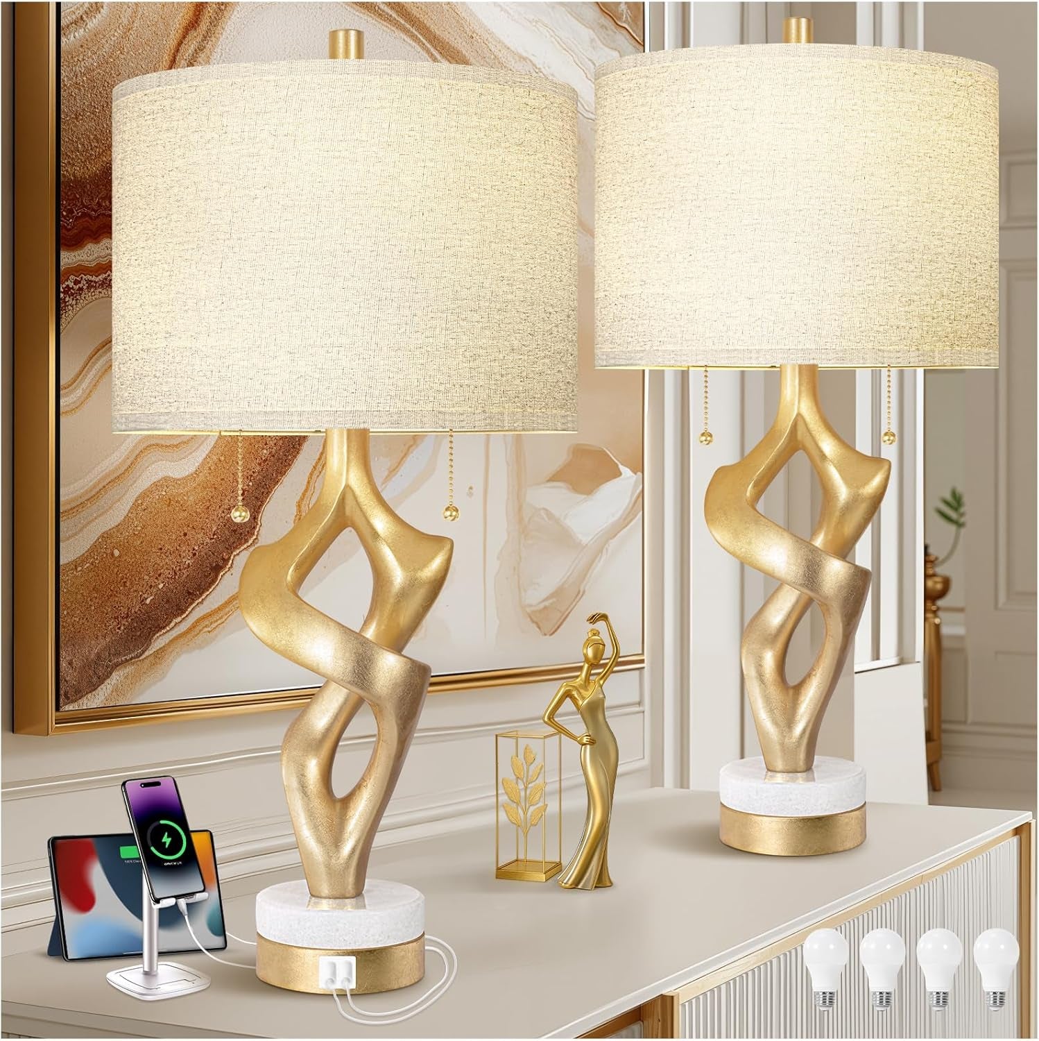 Sculptural Table Lamp Set of 2 with USB Ports for Bedroom Living Room, 26” Gold Leaf Marble Base Bedside Lamps, Pull Chains Switch Modern Nightstand Lamp for Home Room Decor (Bulbs Included)