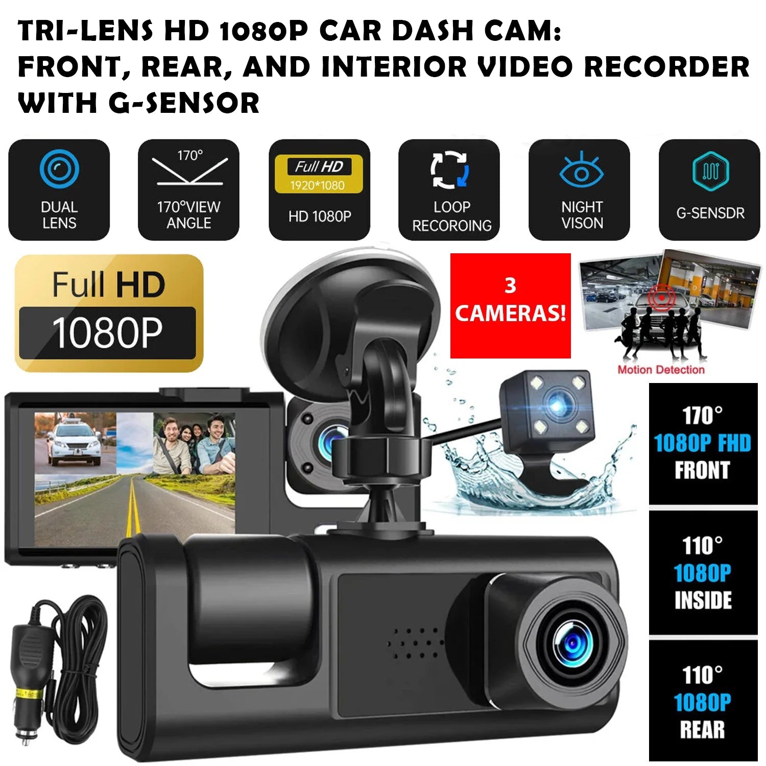 Car Dual Lens Dash Cam HD 1080P Front/Rear/Inside Video Recorder Camera G-Sensor