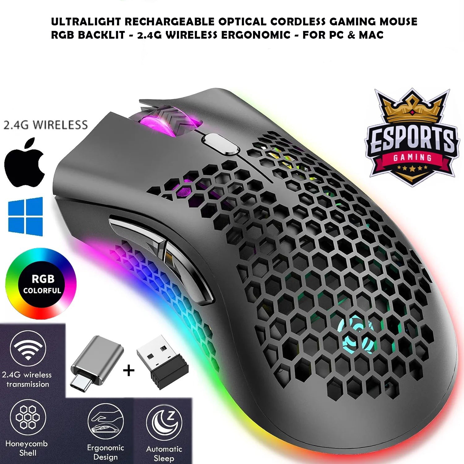 Ultralight Rechargeable Optical Cordless Gaming Mouse, RGB Backlit - 2.4G Wireless, Ergonomic - for PC & Mac