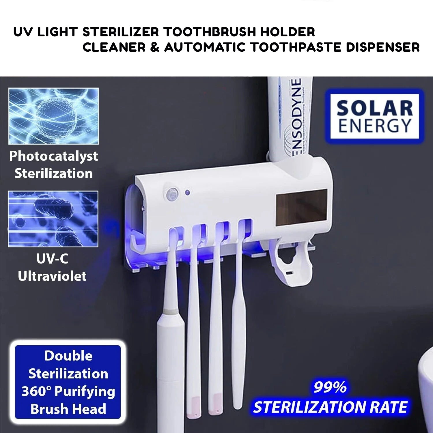 UV Light Sterilizer Toothbrush Holder Cleaner & Automatic Toothpaste Dispenser