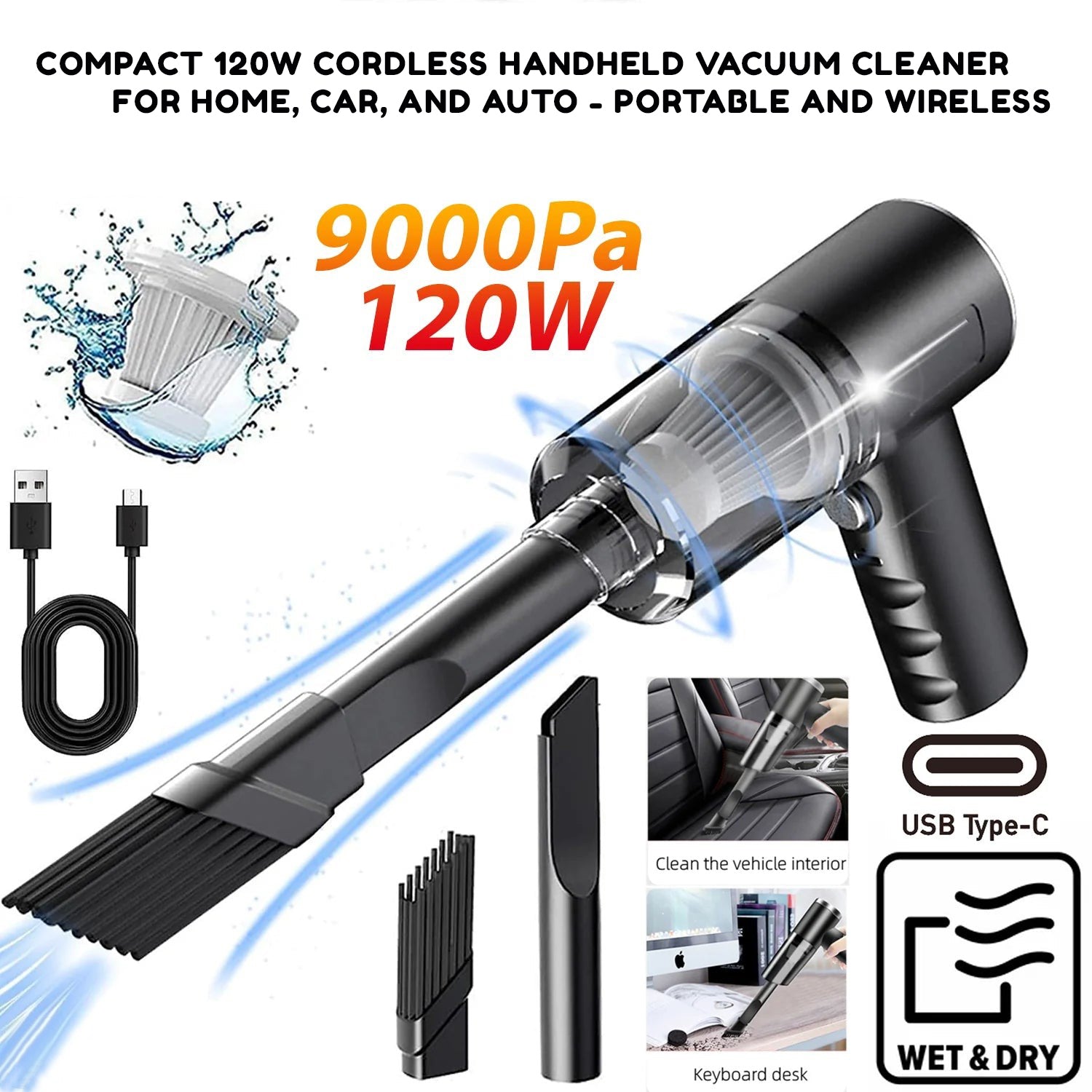 Compact 120W Cordless Handheld Vacuum Cleaner for Home, Car, and Auto - Portable and Wireless