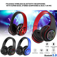 Foldable Wireless Bluetooth Headphones with Super Bass, Stereo Earphones, and Built-in Mic