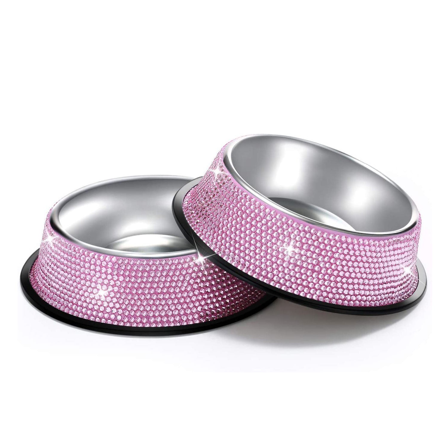 Handmade Bling Rhinestone Dog Bowls - Pink, 640ML Stainless Steel Double Food and Water Feeder Set for Puppies, Cats, and Dogs