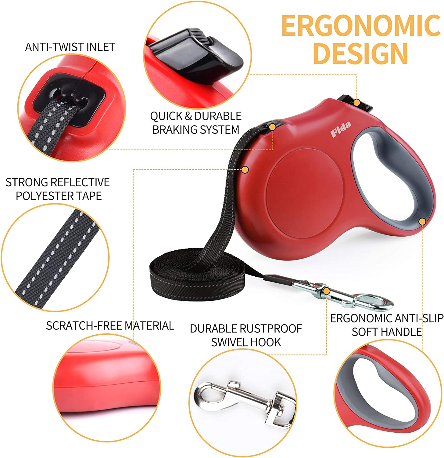 Retractable Dog Leash with Poop Bag Dispenser, 10 Ft Nylon Tape - Anti-Slip Handle, Tangle-Free, Reflective - for X-Small Dogs or Cats up to 18 lbs