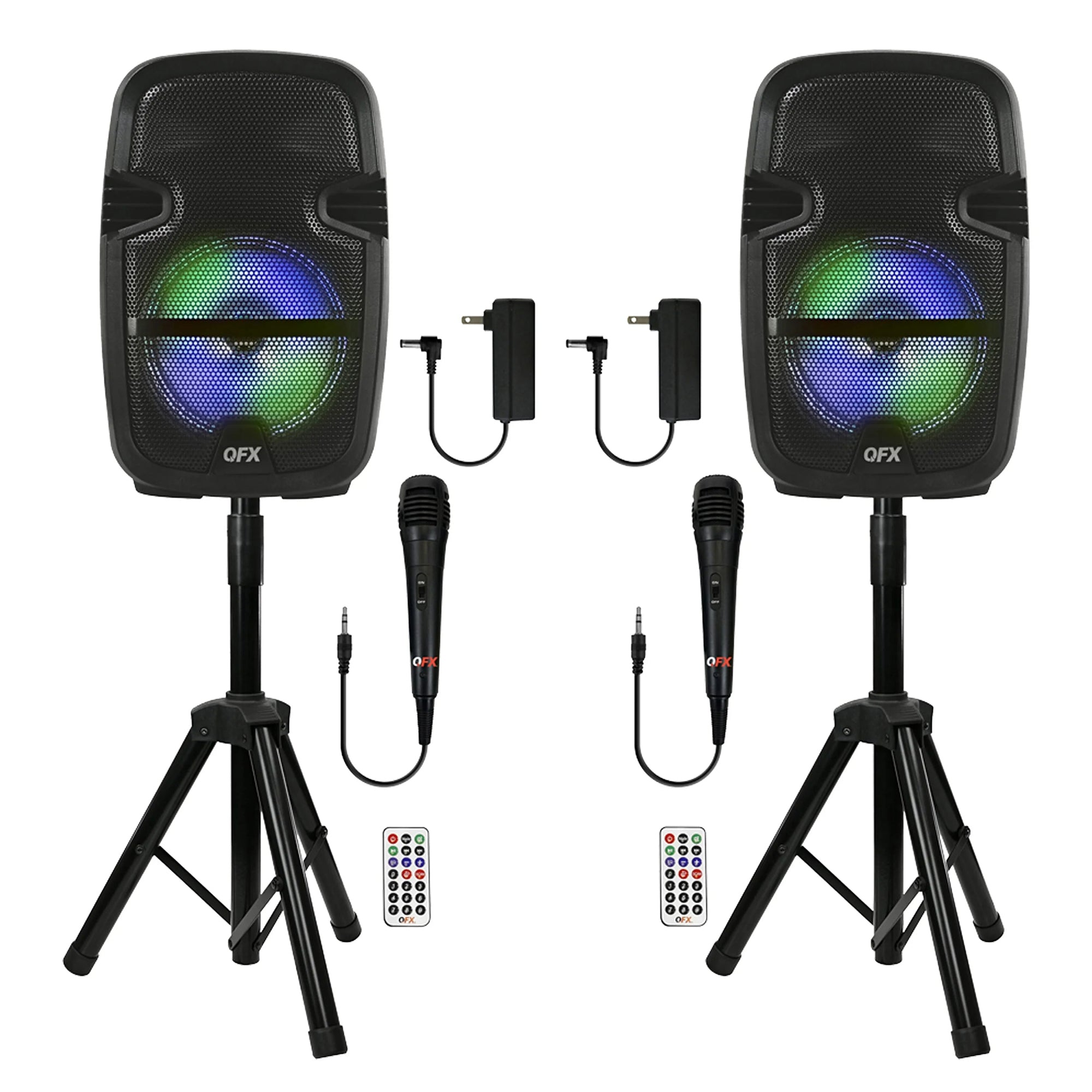 PBX-808TWS Dual 8" Bluetooth PA Speaker System with Stands, Mics & LED Lights