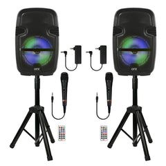 PBX-808TWS Dual 8" Bluetooth PA Speaker System with Stands, Mics & LED Lights