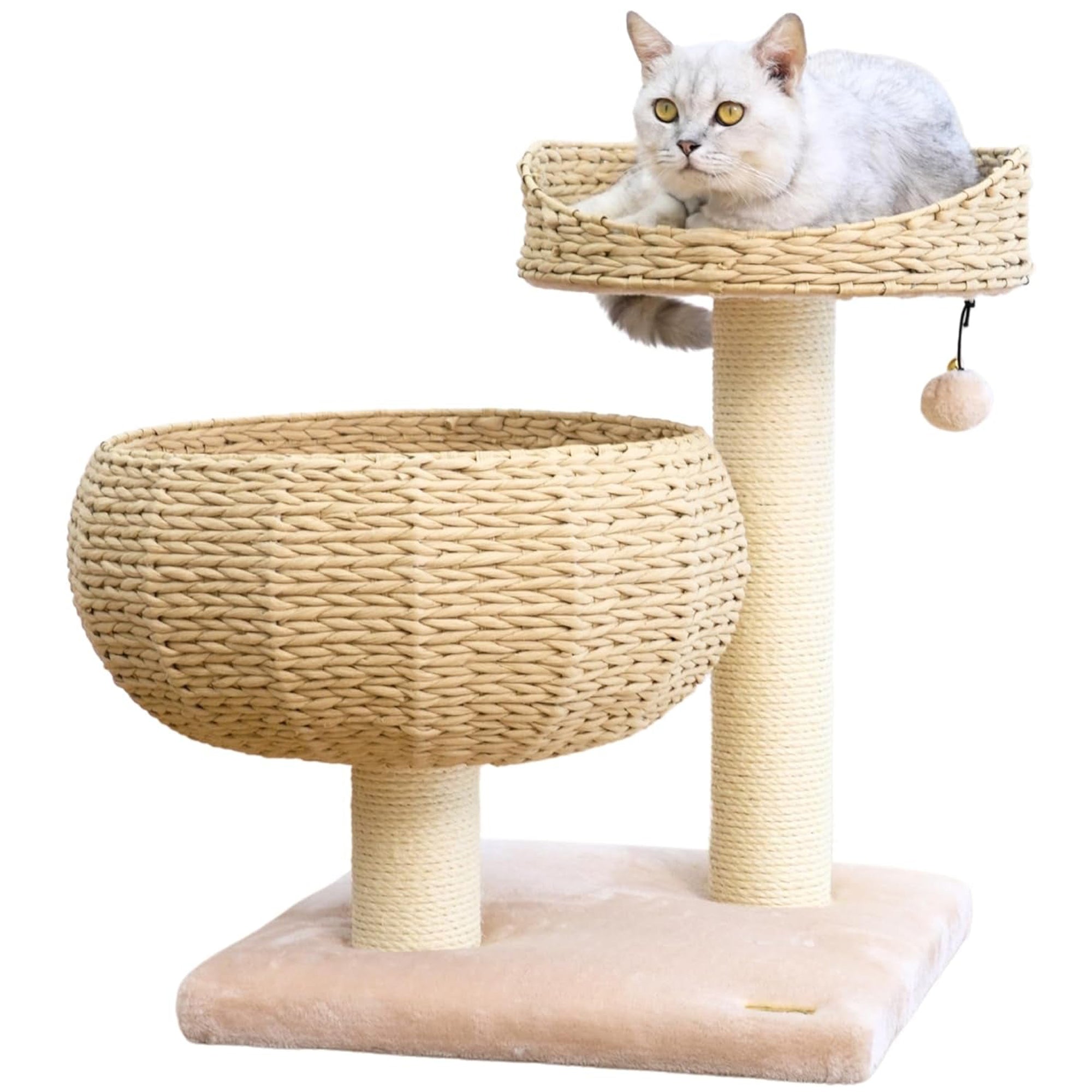 23” High Handwoven Recycled Paper Rope Cat Basket Bed & Perch with Sisal Scratching Post, Teaser Toy & Washable Cushion – Beige