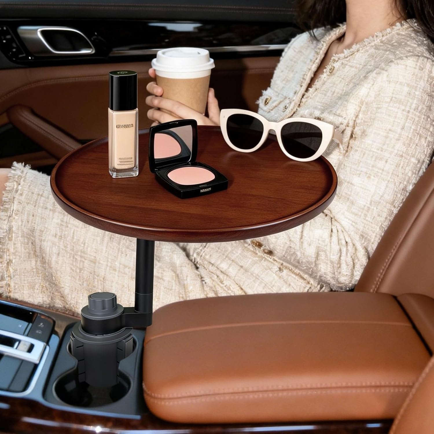 Car Cup Holder Tray with 360° Rotating Table – Multi-Purpose Center Console Organizer for Food, Drinks & Phone, Universal Car Accessory