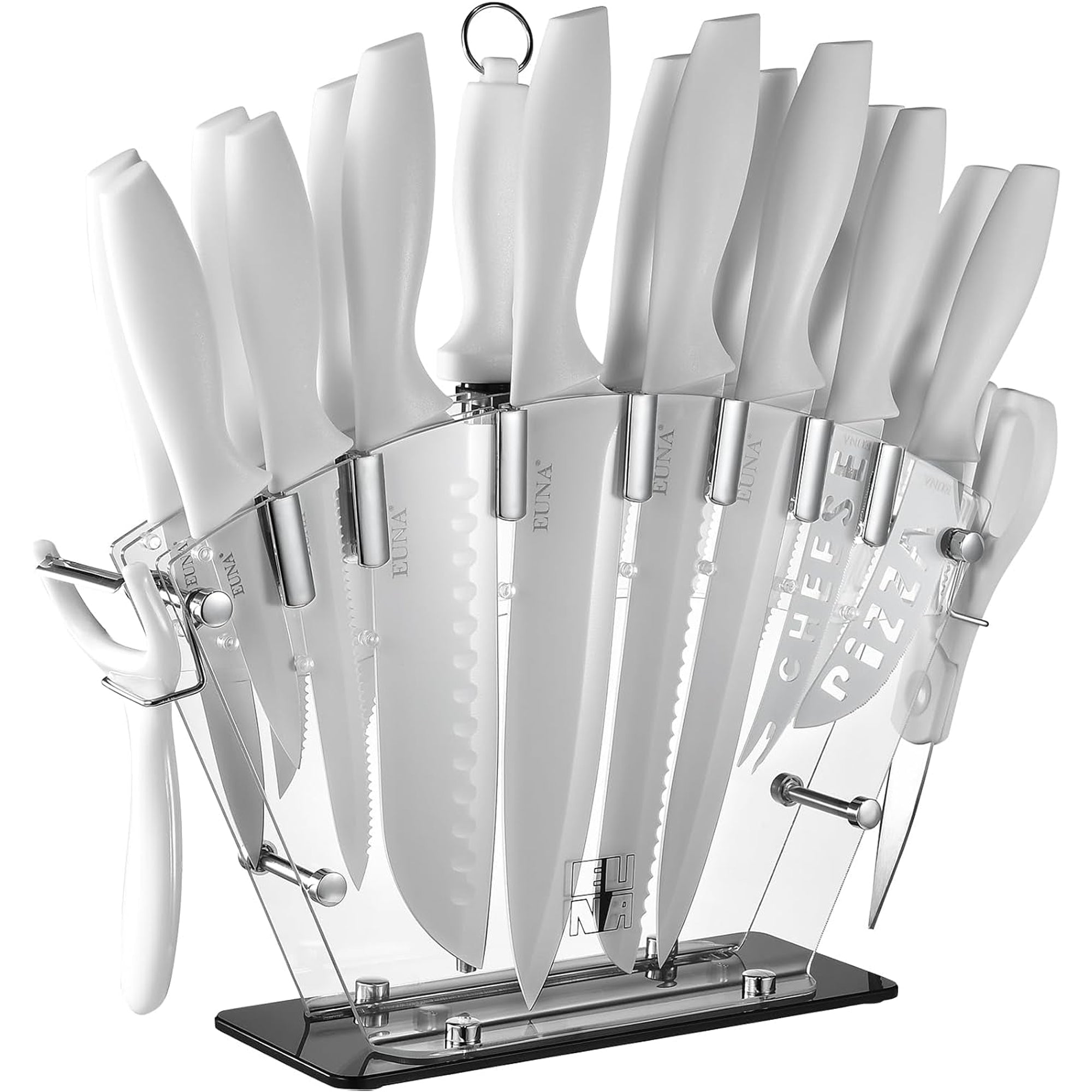 19-Piece White Kitchen Knife Set with Acrylic Block – German Stainless Steel, Chef & Steak Knives